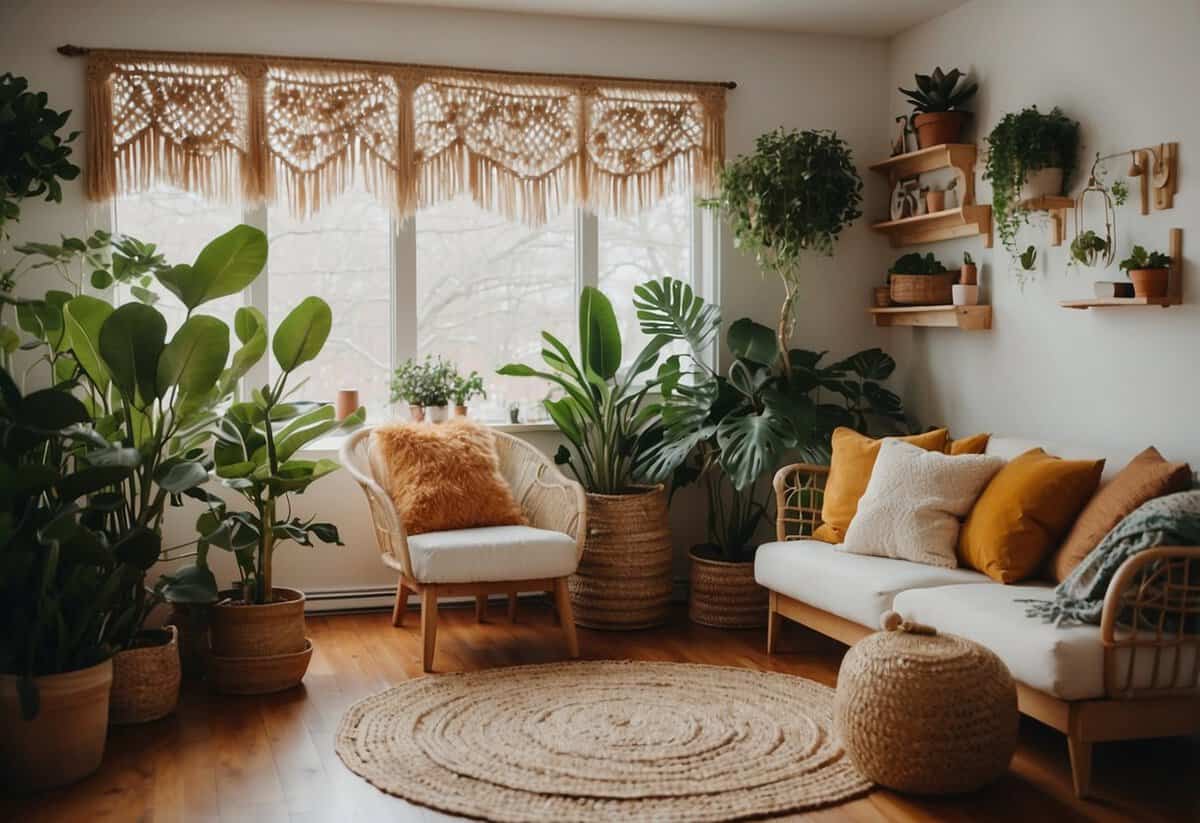 A cozy living room with thrifted furniture, DIY wall art, and potted plants. A handmade macrame wall hanging adds a boho touch